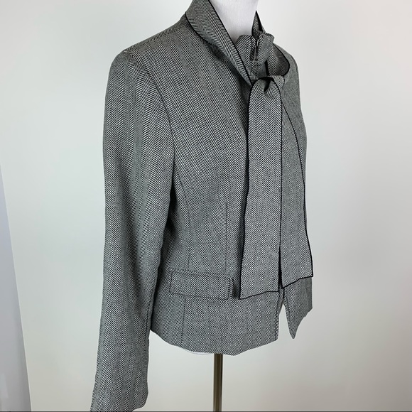 Banana Republic Wool Herringbone Tie Neck Zip Front Blazer Sz 12 - Picture 5 of 13